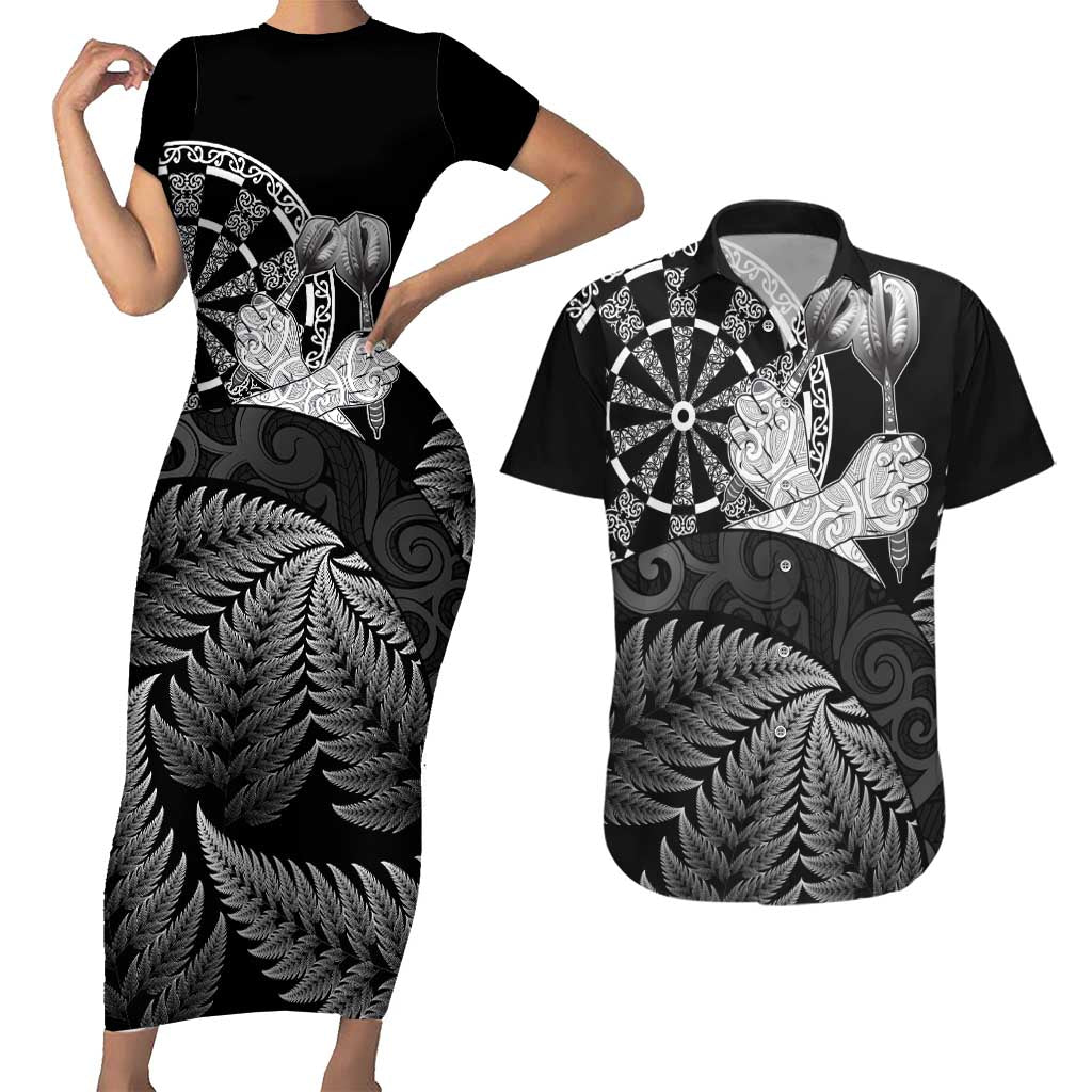 Personalised New Zealand Aotearoa Darts Masters Couples Matching Short Sleeve Bodycon Dress and Hawaiian Shirt Silver Fern and Maori Spirit - Polynesian Pride