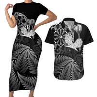 Personalised New Zealand Aotearoa Darts Masters Couples Matching Short Sleeve Bodycon Dress and Hawaiian Shirt Silver Fern and Maori Spirit - Polynesian Pride