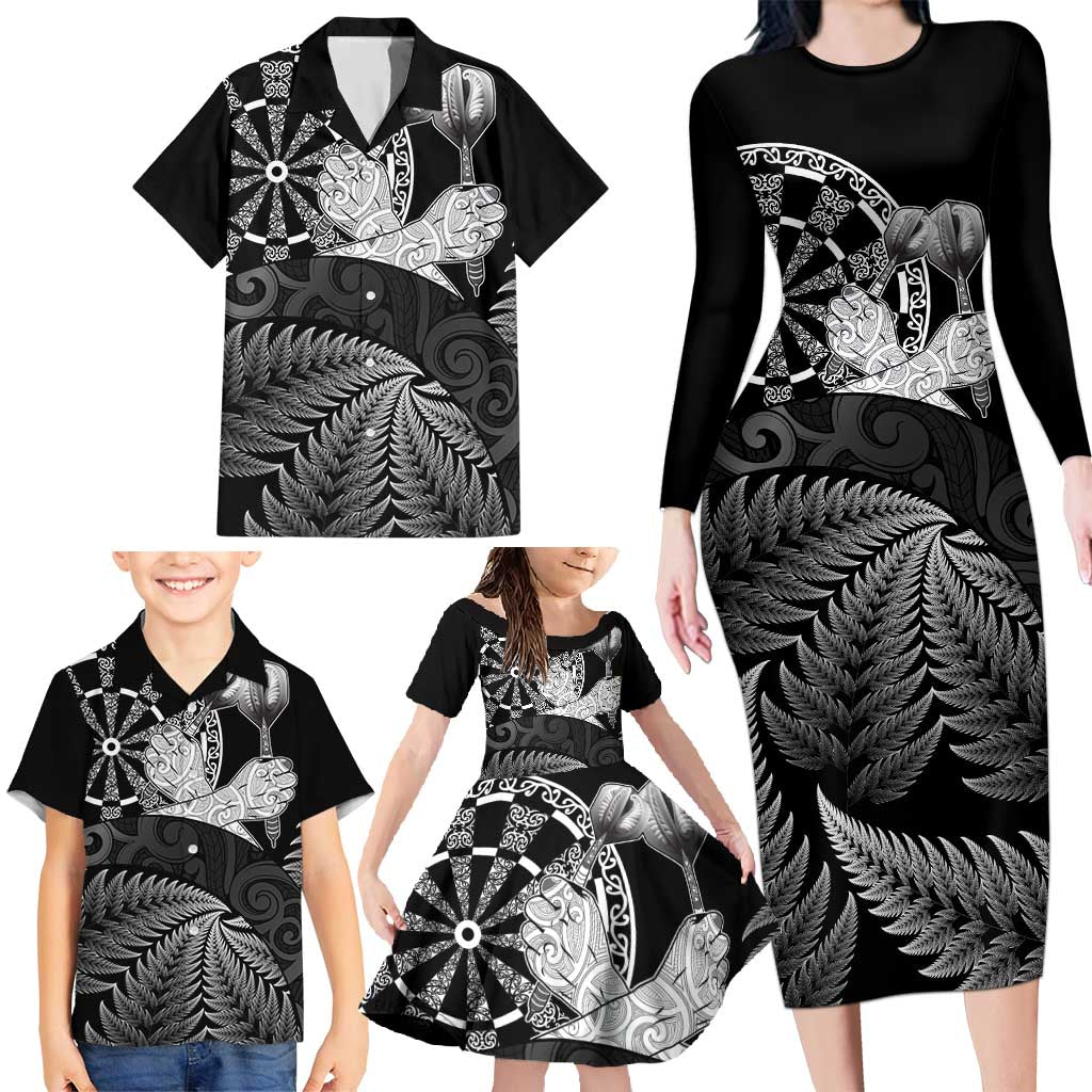 Personalised New Zealand Aotearoa Darts Masters Family Matching Long Sleeve Bodycon Dress and Hawaiian Shirt Silver Fern and Maori Spirit - Polynesian Pride