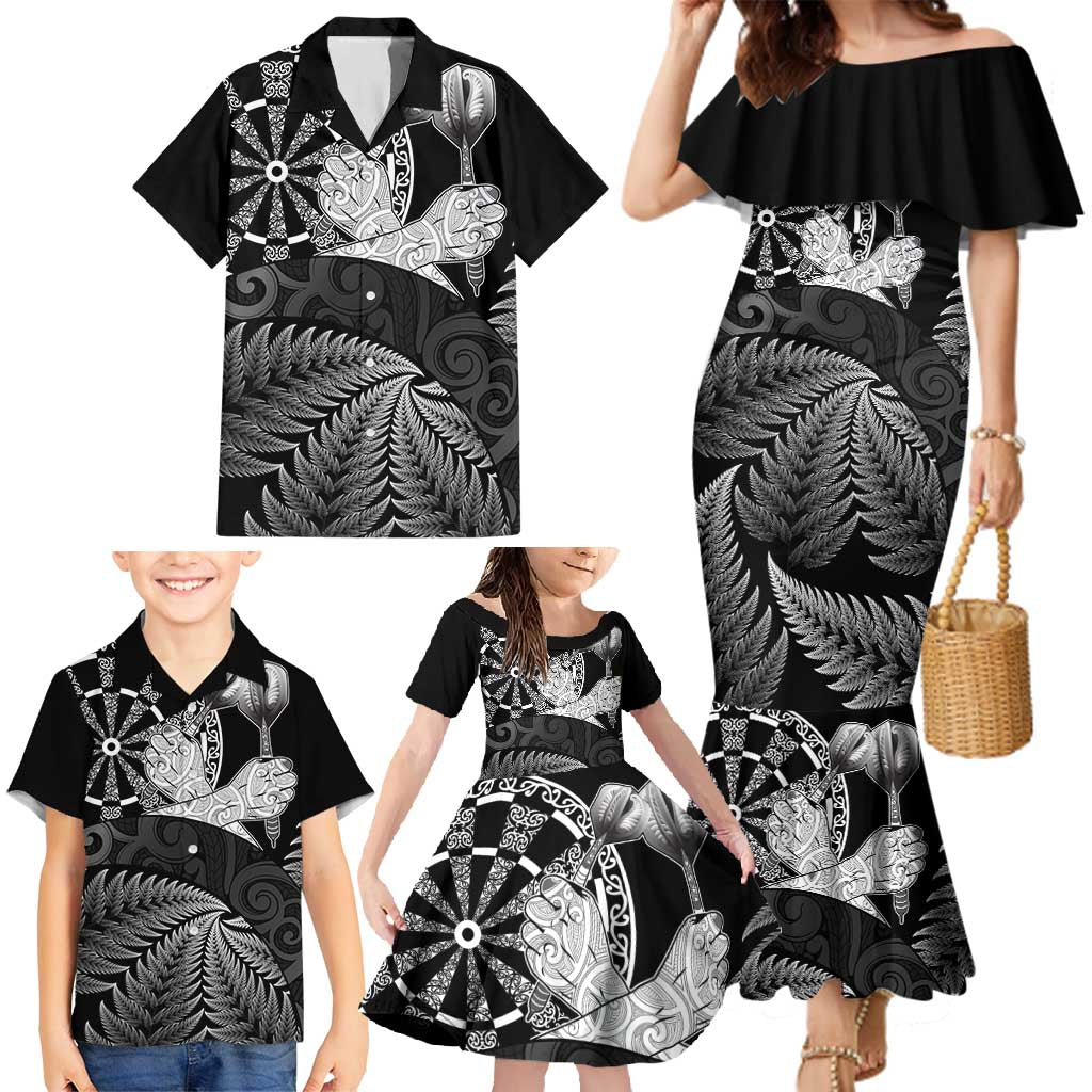 Personalised New Zealand Aotearoa Darts Masters Family Matching Mermaid Dress and Hawaiian Shirt Silver Fern and Maori Spirit - Polynesian Pride