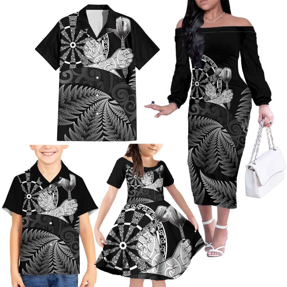 Personalised New Zealand Aotearoa Darts Masters Family Matching Off The Shoulder Long Sleeve Dress and Hawaiian Shirt Silver Fern and Maori Spirit - Polynesian Pride