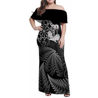 Personalised New Zealand Aotearoa Darts Masters Family Matching Off Shoulder Maxi Dress and Hawaiian Shirt Silver Fern and Maori Spirit - Polynesian Pride