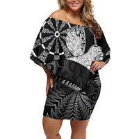 Personalised New Zealand Aotearoa Darts Masters Family Matching Off Shoulder Short Dress and Hawaiian Shirt Silver Fern and Maori Spirit - Polynesian Pride