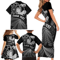 Personalised New Zealand Aotearoa Darts Masters Family Matching Short Sleeve Bodycon Dress and Hawaiian Shirt Silver Fern and Maori Spirit - Polynesian Pride