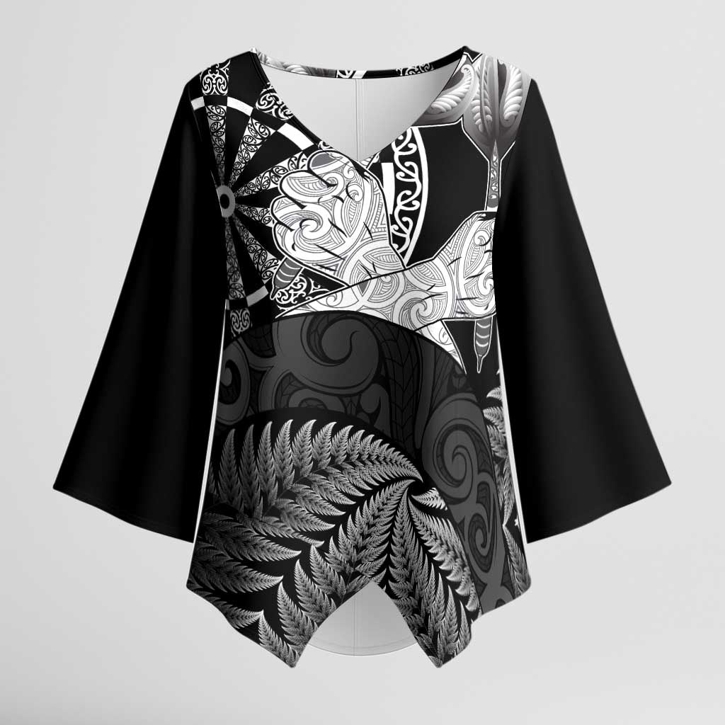 Personalised New Zealand Aotearoa Darts Masters Kimono Sleeve Blouse Silver Fern and Maori Spirit - Polynesian Pride