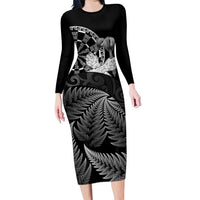Personalised New Zealand Aotearoa Darts Masters Long Sleeve Bodycon Dress Silver Fern and Maori Spirit - Polynesian Pride