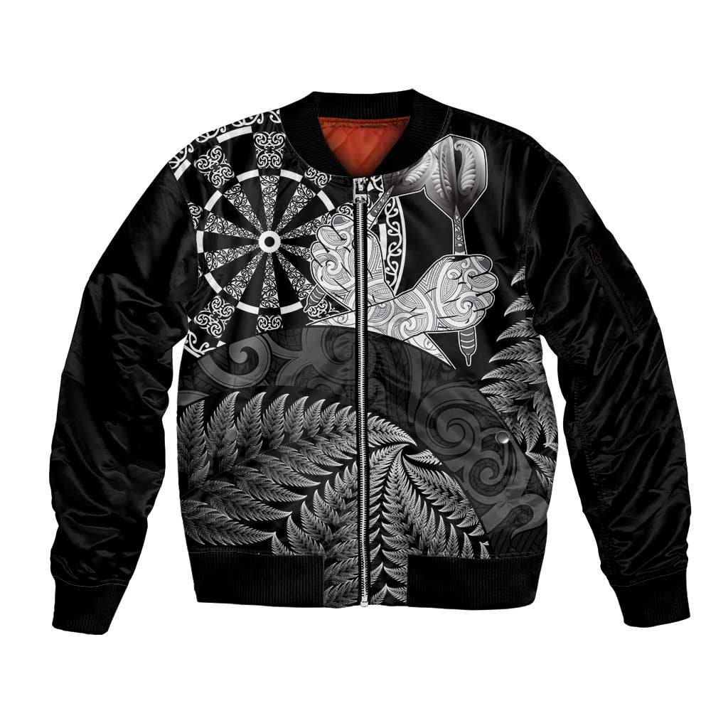 Personalised New Zealand Aotearoa Darts Masters Sleeve Zip Bomber Jacket Silver Fern and Maori Spirit - Polynesian Pride