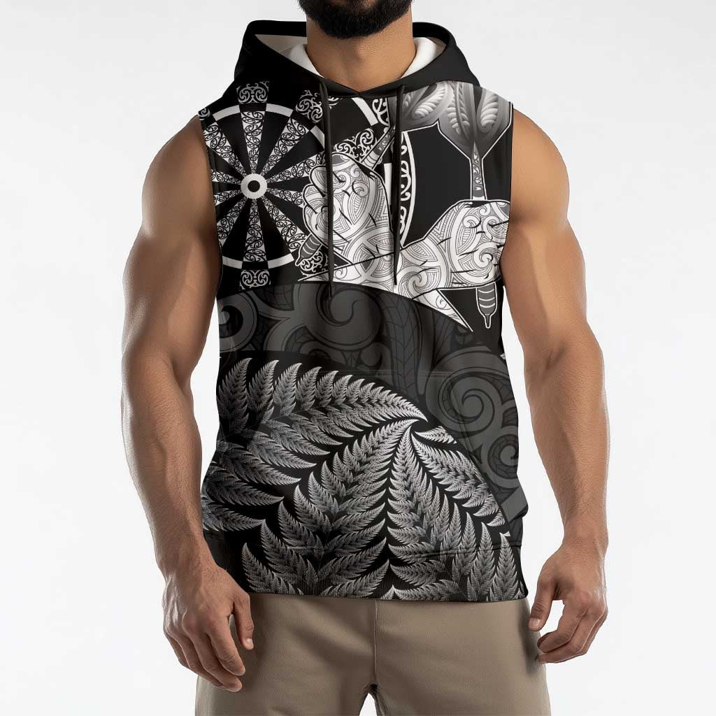 Personalised New Zealand Aotearoa Darts Masters Sleeveless Hoodie Silver Fern and Maori Spirit - Polynesian Pride