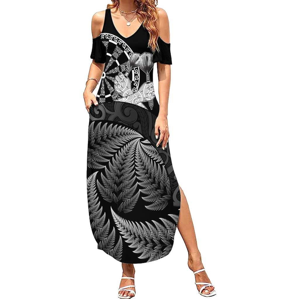 Personalised New Zealand Aotearoa Darts Masters Summer Maxi Dress Silver Fern and Maori Spirit - Polynesian Pride