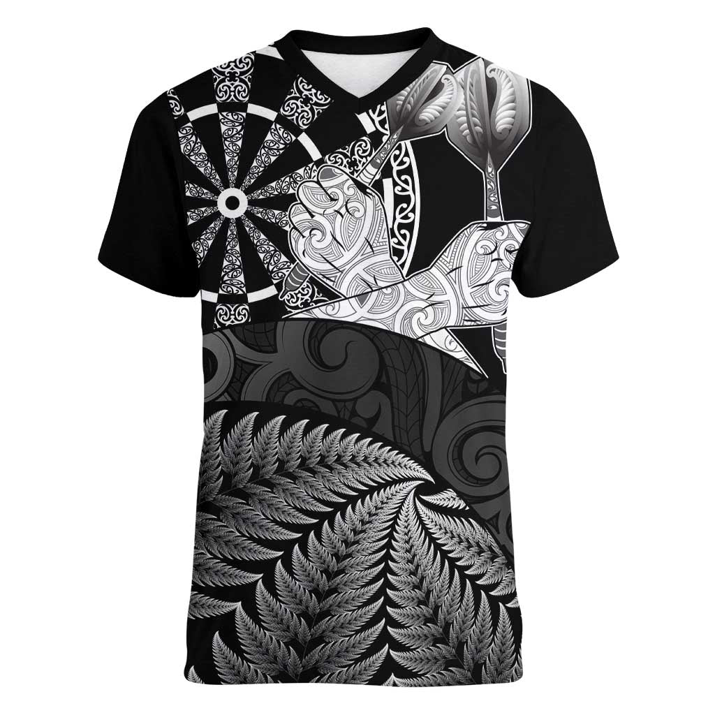 Personalised New Zealand Aotearoa Darts Masters Women V-Neck T-Shirt Silver Fern and Maori Spirit - Polynesian Pride