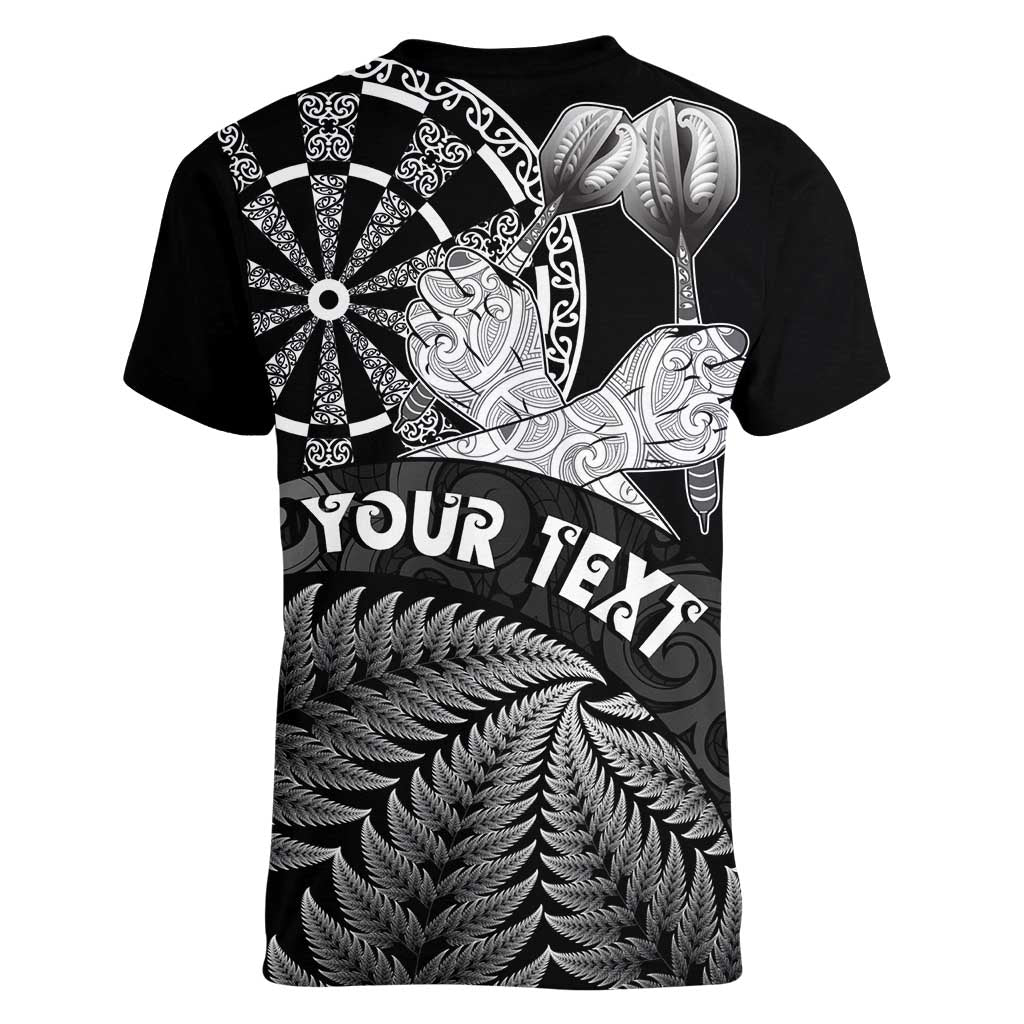 Personalised New Zealand Aotearoa Darts Masters Women V-Neck T-Shirt Silver Fern and Maori Spirit - Polynesian Pride