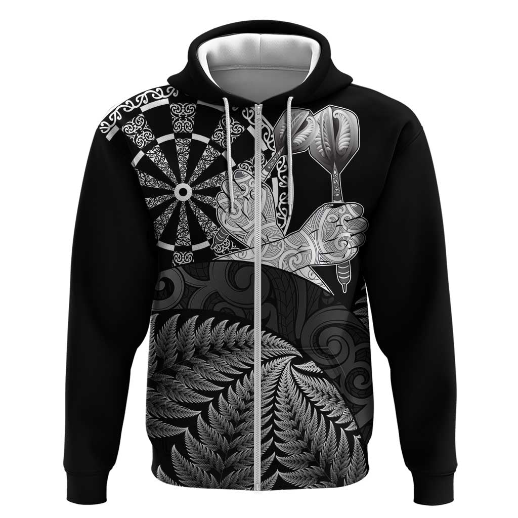 Personalised New Zealand Aotearoa Darts Masters Zip Hoodie Silver Fern and Maori Spirit - Polynesian Pride