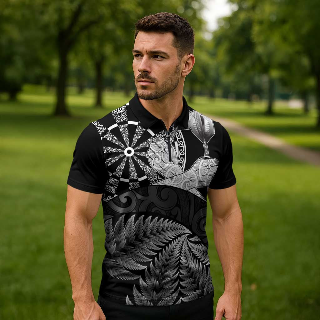 Personalised New Zealand Aotearoa Darts Masters Zipper Polo Shirt Silver Fern and Maori Spirit - Polynesian Pride
