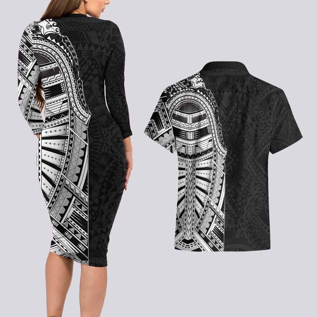 Traditional Polynesian Art Tattoos Couples Matching Long Sleeve Bodycon Dress and Hawaiian Shirt Black Color - Polynesian Pride