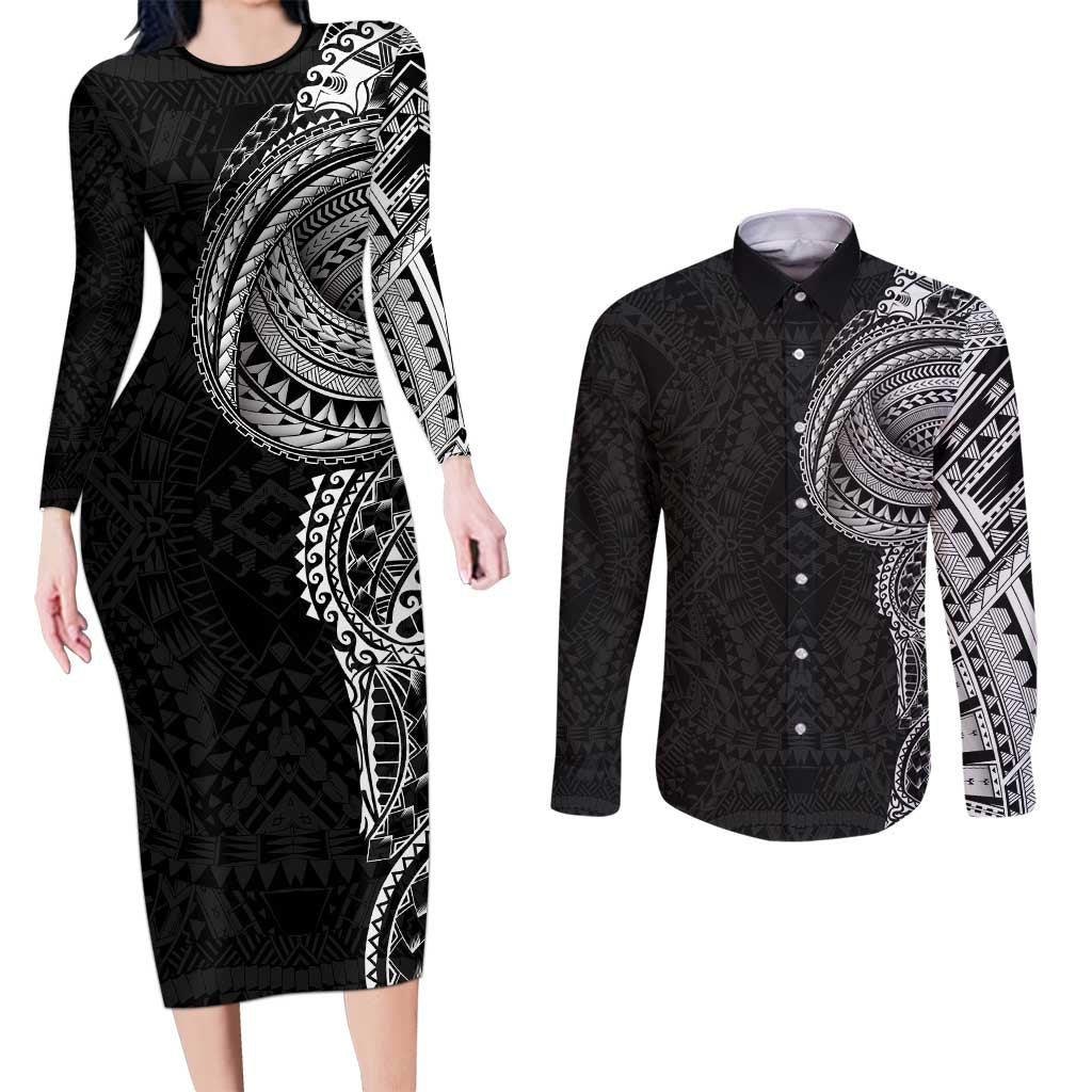 Traditional Polynesian Art Tattoos Couples Matching Long Sleeve Bodycon Dress and Long Sleeve Button Shirt Black Color - Polynesian Pride