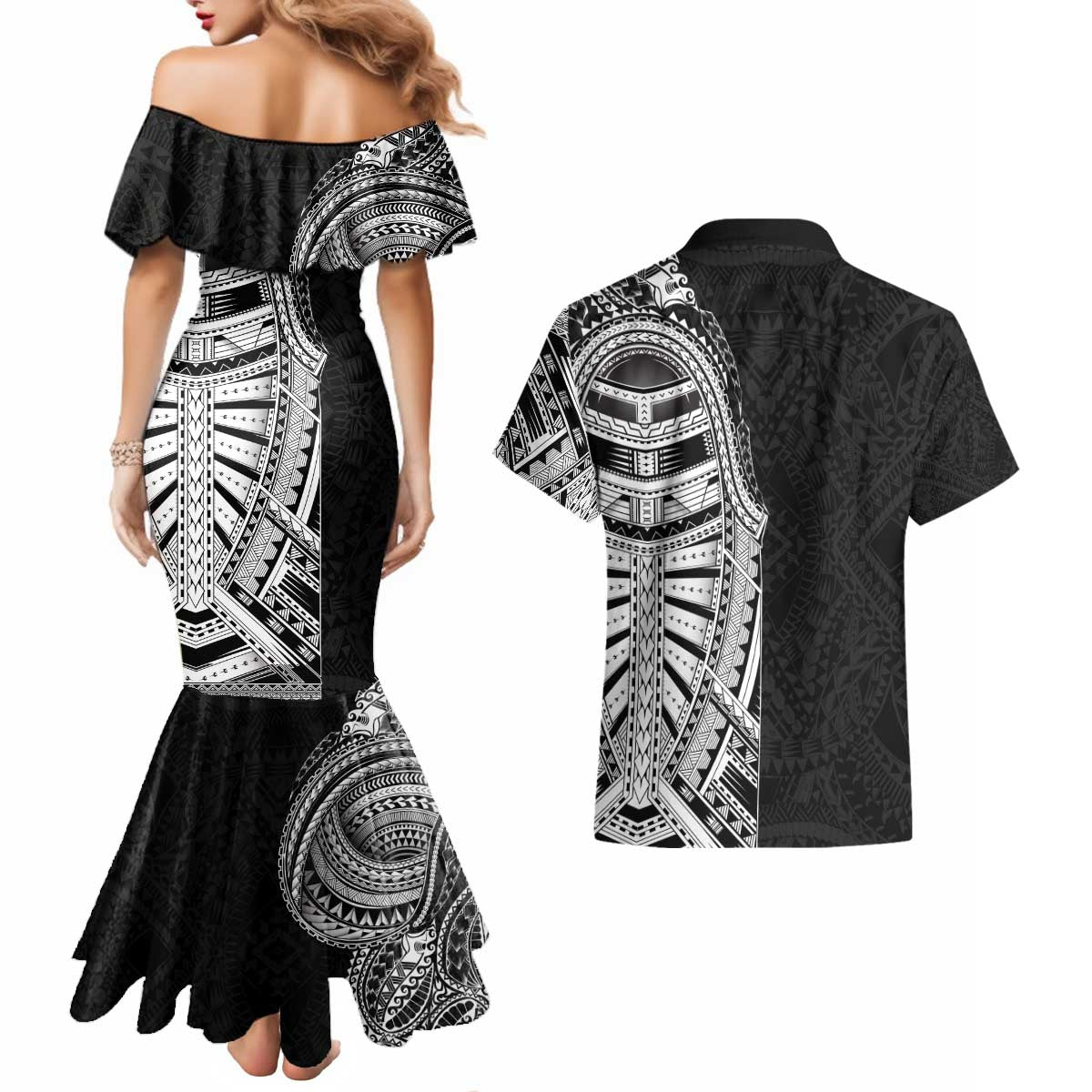Traditional Polynesian Art Tattoos Couples Matching Mermaid Dress and Hawaiian Shirt Black Color - Polynesian Pride