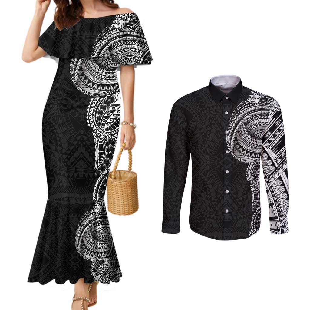 Traditional Polynesian Art Tattoos Couples Matching Mermaid Dress and Long Sleeve Button Shirt Black Color - Polynesian Pride