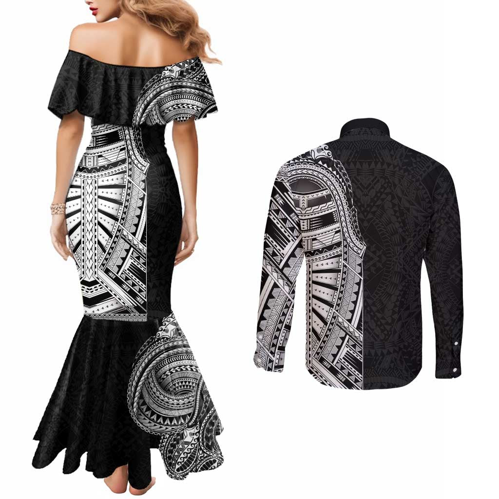 Traditional Polynesian Art Tattoos Couples Matching Mermaid Dress and Long Sleeve Button Shirt Black Color - Polynesian Pride