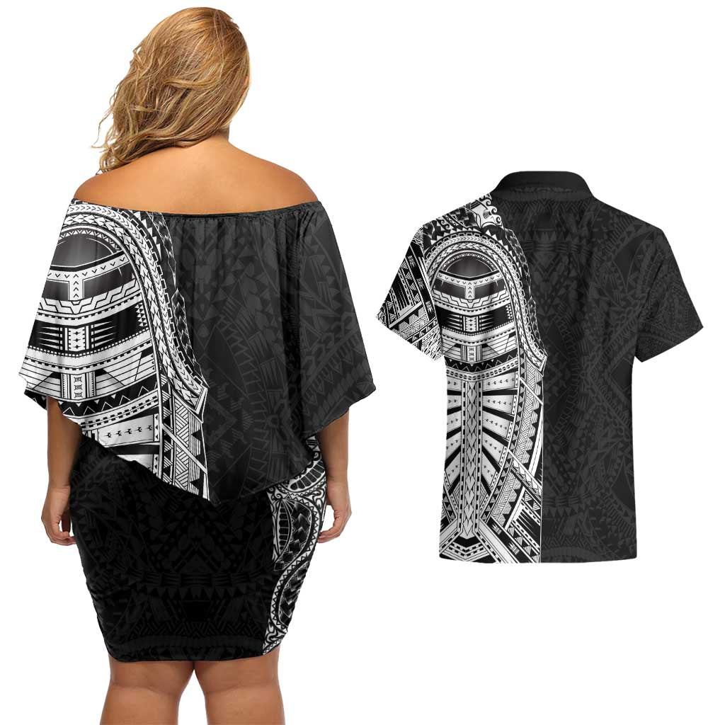 Traditional Polynesian Art Tattoos Couples Matching Off Shoulder Short Dress and Hawaiian Shirt Black Color - Polynesian Pride