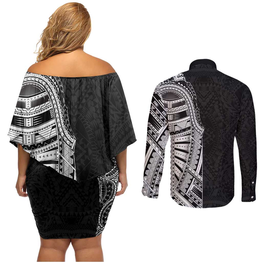 Traditional Polynesian Art Tattoos Couples Matching Off Shoulder Short Dress and Long Sleeve Button Shirt Black Color - Polynesian Pride
