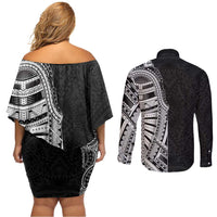 Traditional Polynesian Art Tattoos Couples Matching Off Shoulder Short Dress and Long Sleeve Button Shirt Black Color - Polynesian Pride