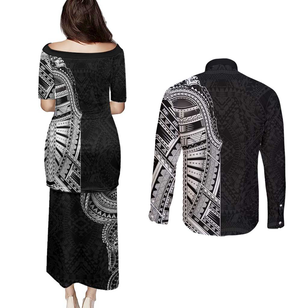 Traditional Polynesian Art Tattoos Couples Matching Puletasi and Long Sleeve Button Shirt Black Color - Polynesian Pride