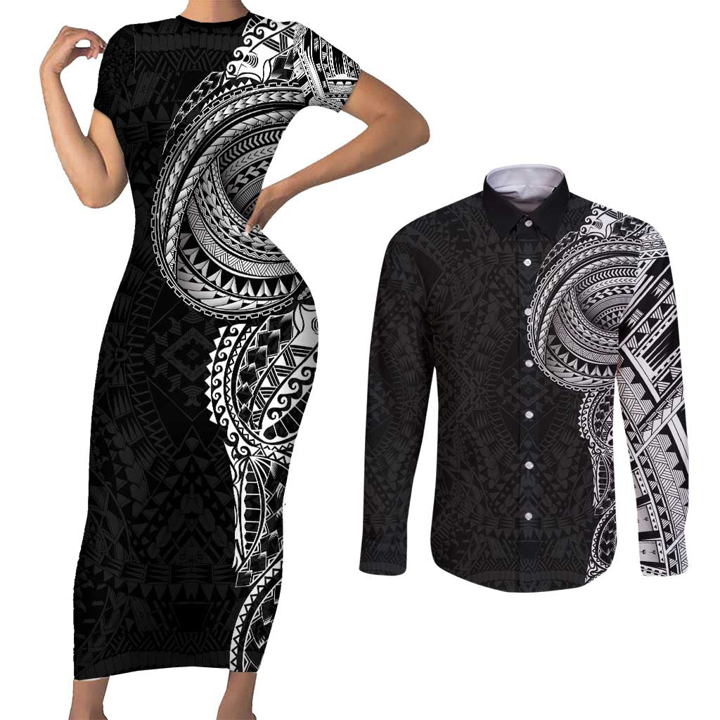 Traditional Polynesian Art Tattoos Couples Matching Short Sleeve Bodycon Dress and Long Sleeve Button Shirt Black Color - Polynesian Pride