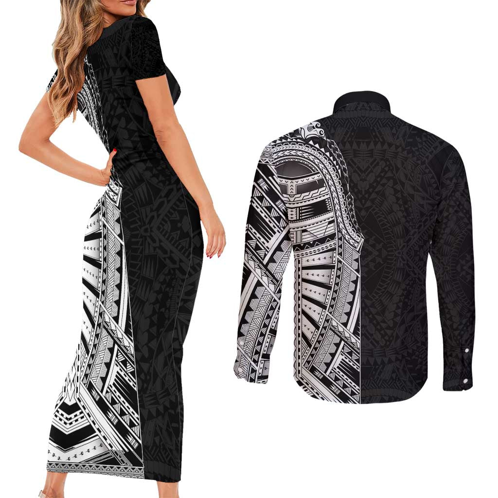 Traditional Polynesian Art Tattoos Couples Matching Short Sleeve Bodycon Dress and Long Sleeve Button Shirt Black Color - Polynesian Pride