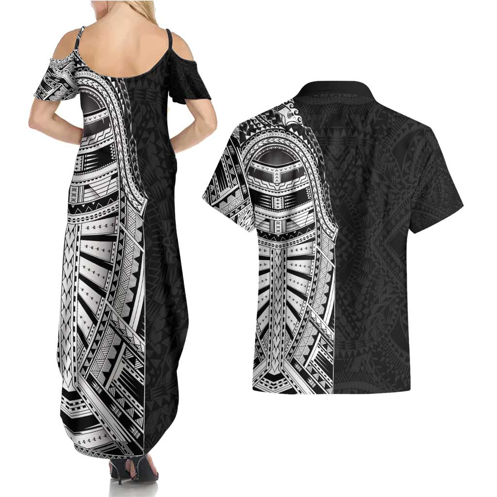 Traditional Polynesian Art Tattoos Couples Matching Summer Maxi Dress and Hawaiian Shirt Black Color - Polynesian Pride