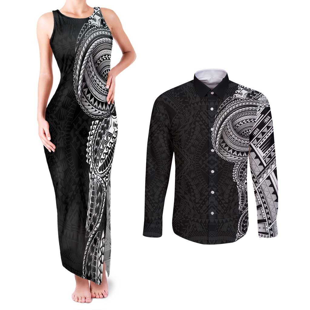 Traditional Polynesian Art Tattoos Couples Matching Tank Maxi Dress and Long Sleeve Button Shirt Black Color - Polynesian Pride