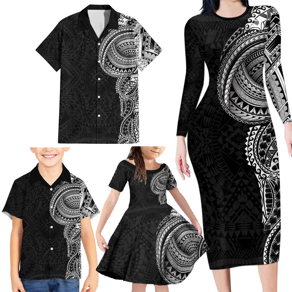 Traditional Polynesian Art Tattoos Family Matching Long Sleeve Bodycon Dress and Hawaiian Shirt Black Color - Polynesian Pride