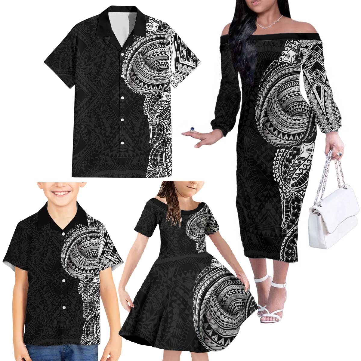 Traditional Polynesian Art Tattoos Family Matching Off The Shoulder Long Sleeve Dress and Hawaiian Shirt Black Color - Polynesian Pride