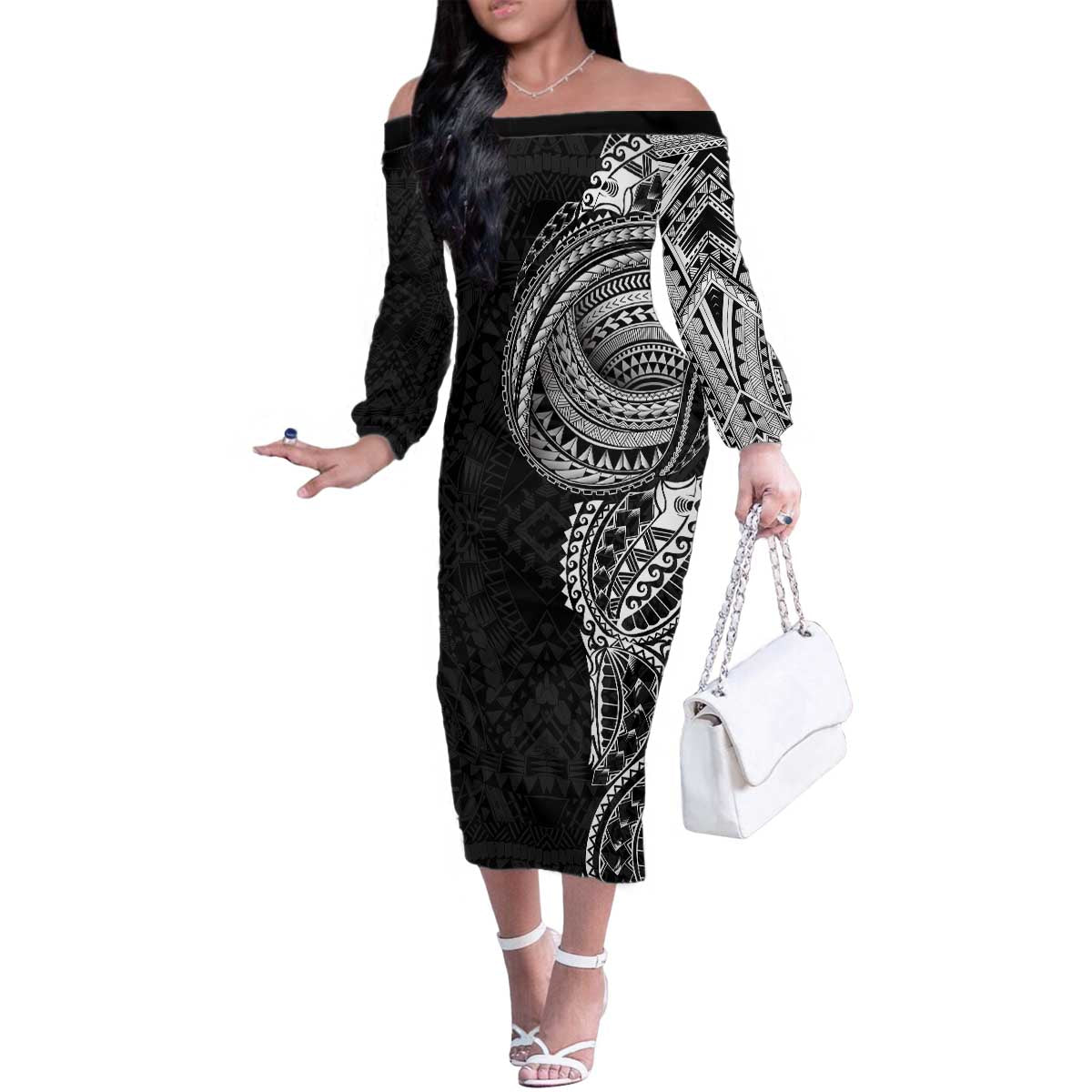 Traditional Polynesian Art Tattoos Family Matching Off The Shoulder Long Sleeve Dress and Hawaiian Shirt Black Color - Polynesian Pride