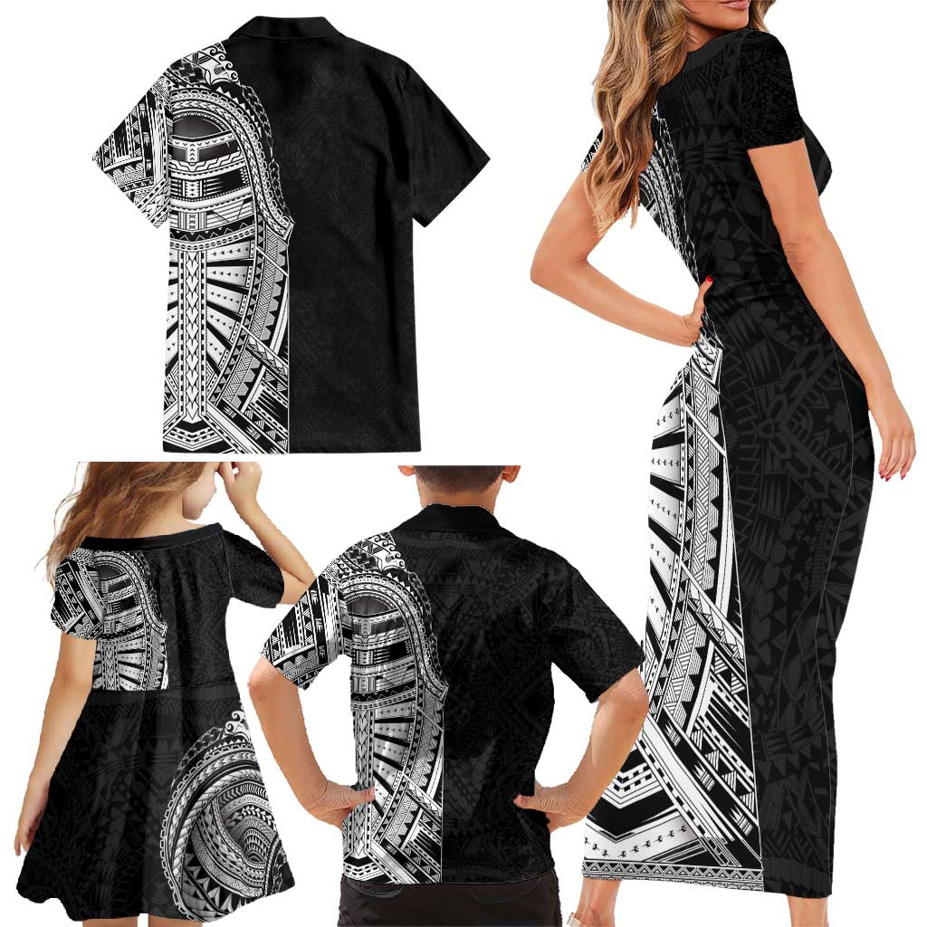 Traditional Polynesian Art Tattoos Family Matching Short Sleeve Bodycon Dress and Hawaiian Shirt Black Color - Polynesian Pride