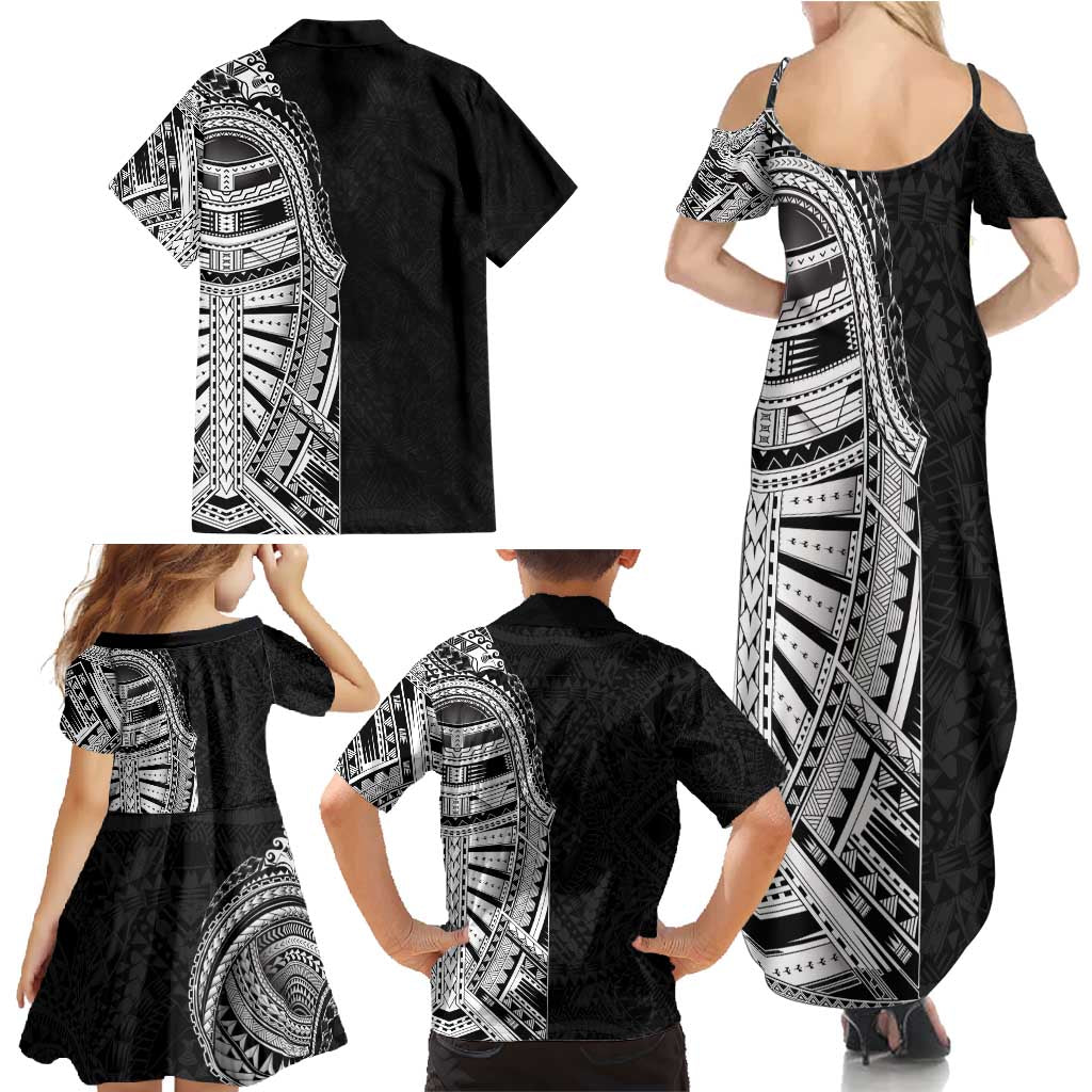 Traditional Polynesian Art Tattoos Family Matching Summer Maxi Dress and Hawaiian Shirt Black Color - Polynesian Pride