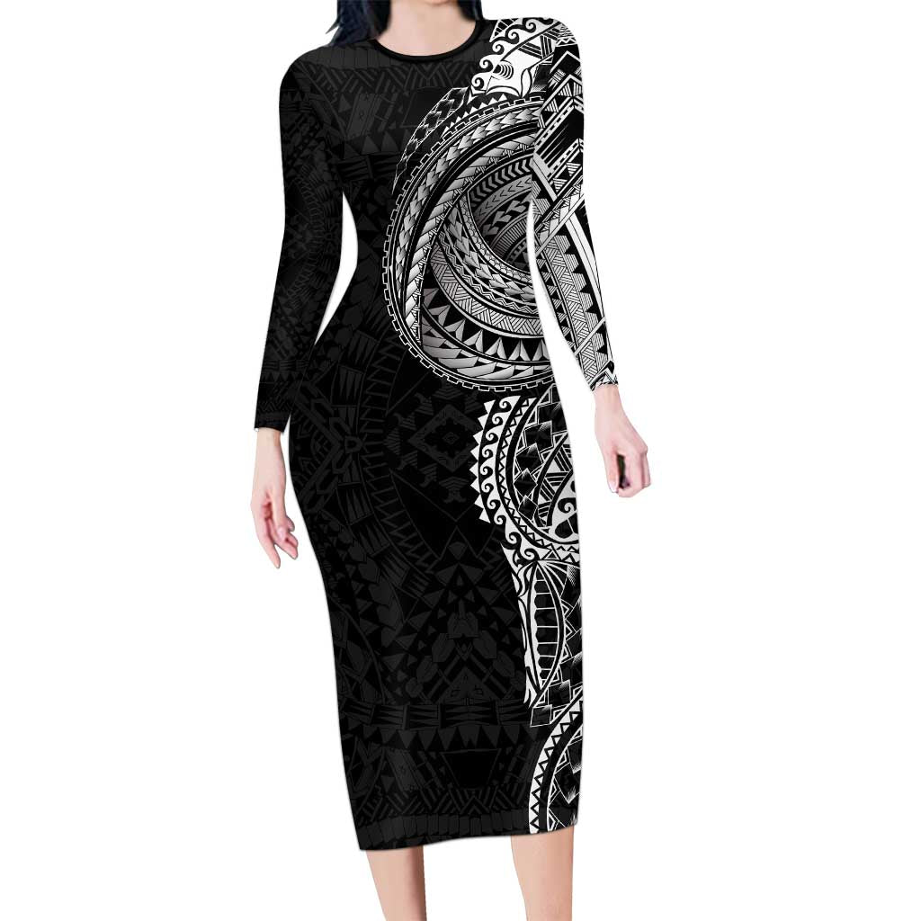 Traditional Polynesian Art Tattoos Long Sleeve Bodycon Dress Black Color - Polynesian Pride
