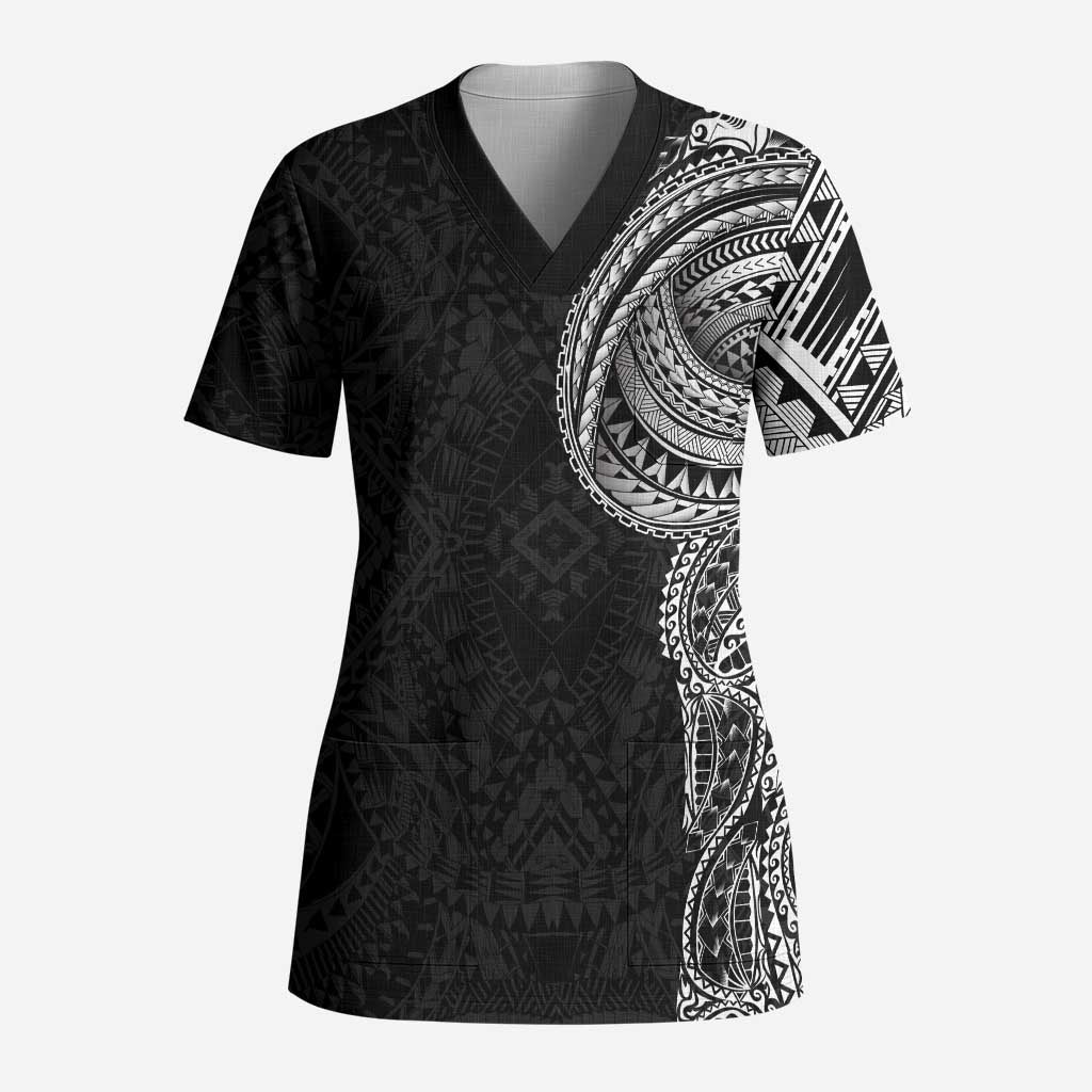 Traditional Polynesian Art Tattoos Scrub Top Black Color - Polynesian Pride