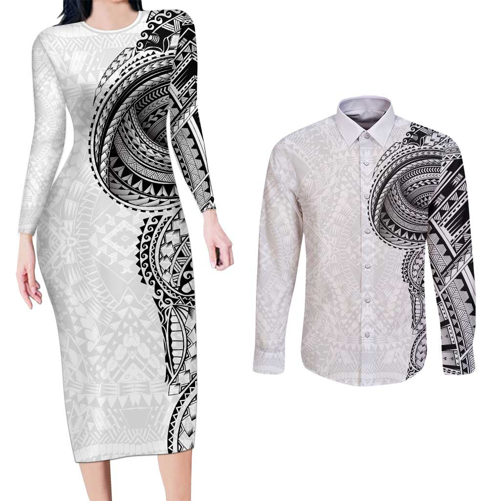 Traditional Polynesian Art Tattoos Couples Matching Long Sleeve Bodycon Dress and Long Sleeve Button Shirt White Color - Polynesian Pride