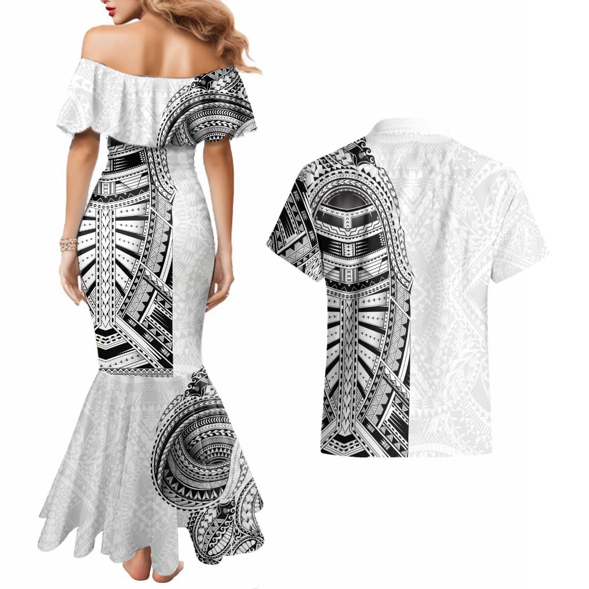 Traditional Polynesian Art Tattoos Couples Matching Mermaid Dress and Hawaiian Shirt White Color - Polynesian Pride