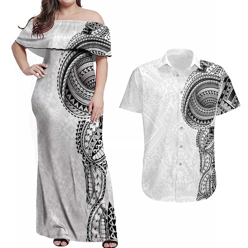 Traditional Polynesian Art Tattoos Couples Matching Off Shoulder Maxi Dress and Hawaiian Shirt White Color - Polynesian Pride