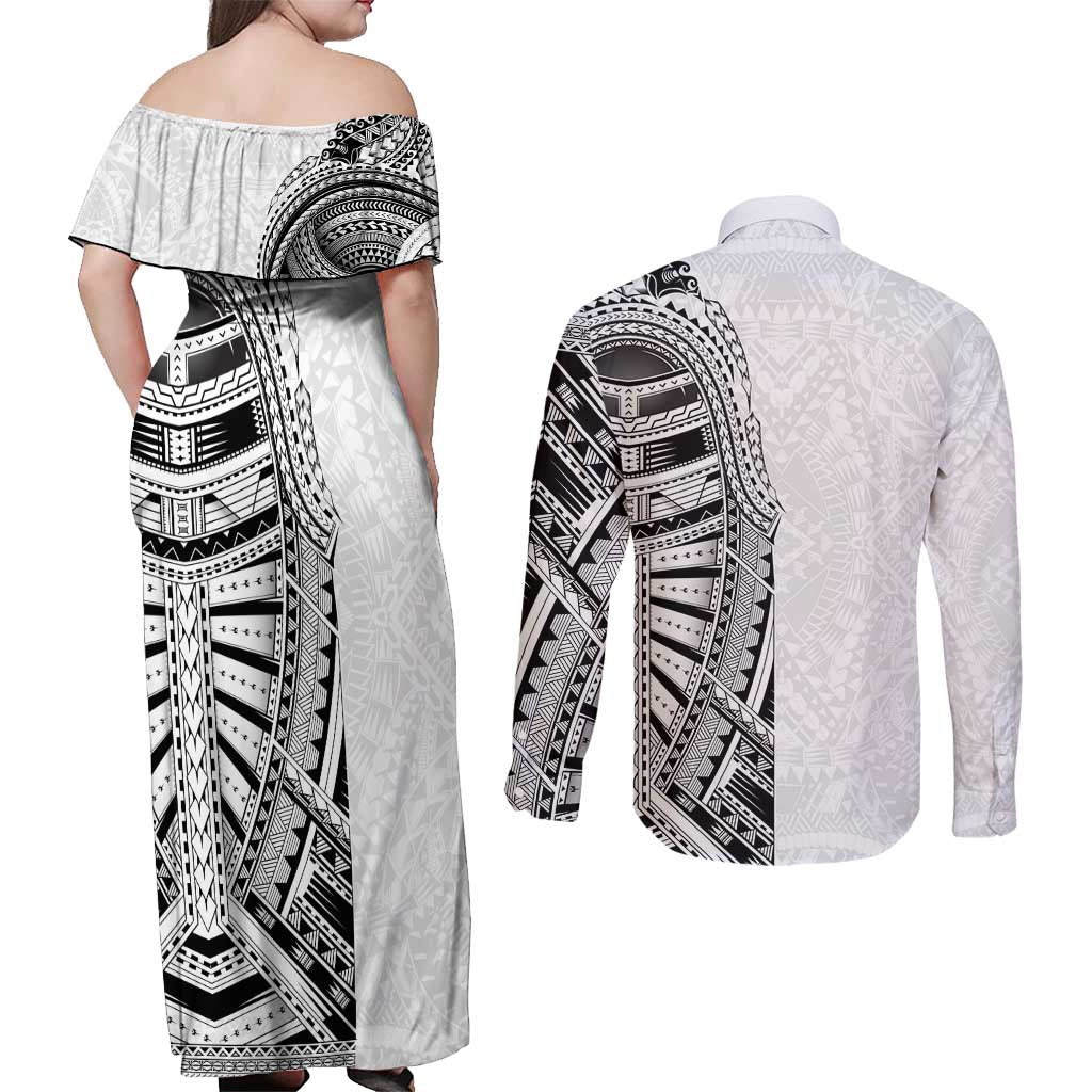 Traditional Polynesian Art Tattoos Couples Matching Off Shoulder Maxi Dress and Long Sleeve Button Shirt White Color - Polynesian Pride