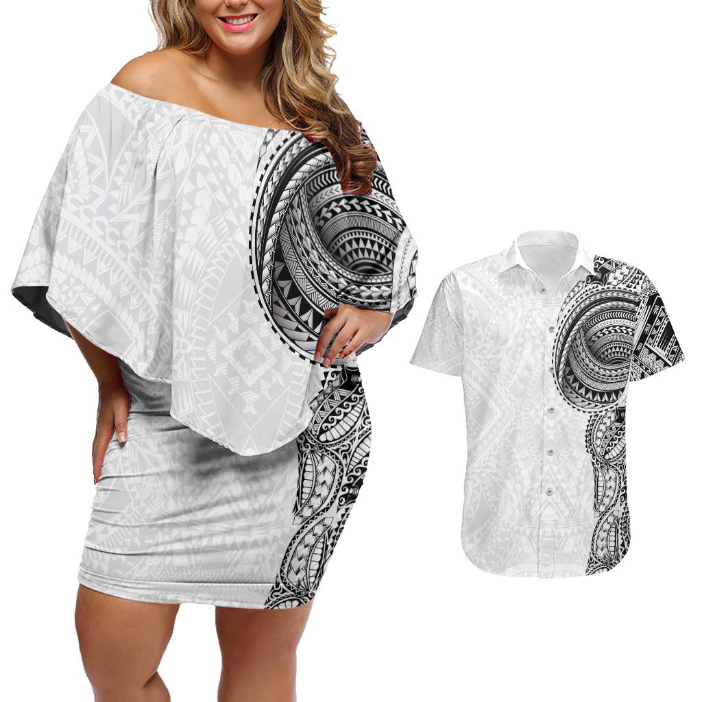 Traditional Polynesian Art Tattoos Couples Matching Off Shoulder Short Dress and Hawaiian Shirt White Color - Polynesian Pride