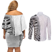 Traditional Polynesian Art Tattoos Couples Matching Off Shoulder Short Dress and Long Sleeve Button Shirt White Color - Polynesian Pride