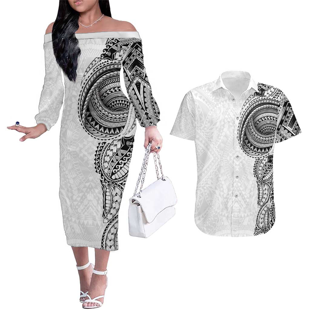 Traditional Polynesian Art Tattoos Couples Matching Off The Shoulder Long Sleeve Dress and Hawaiian Shirt White Color - Polynesian Pride