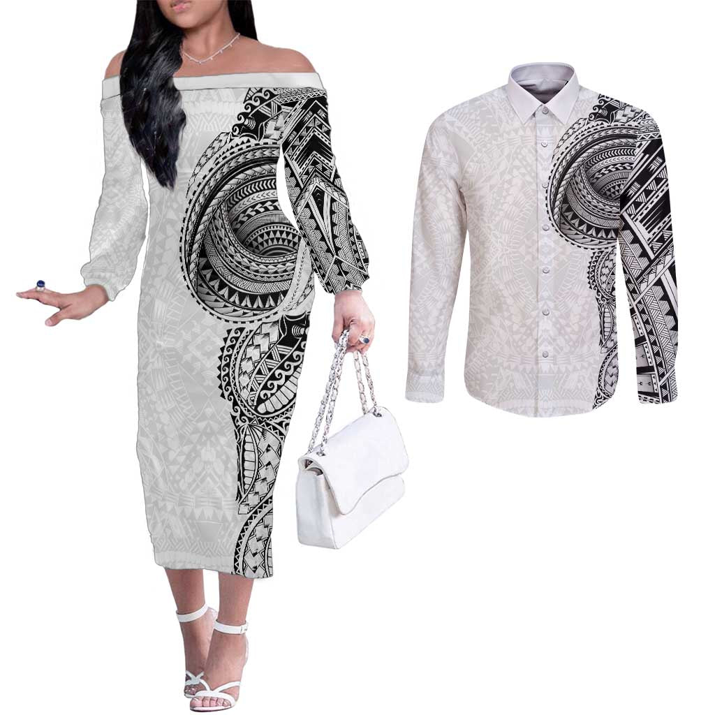 Traditional Polynesian Art Tattoos Couples Matching Off The Shoulder Long Sleeve Dress and Long Sleeve Button Shirt White Color - Polynesian Pride