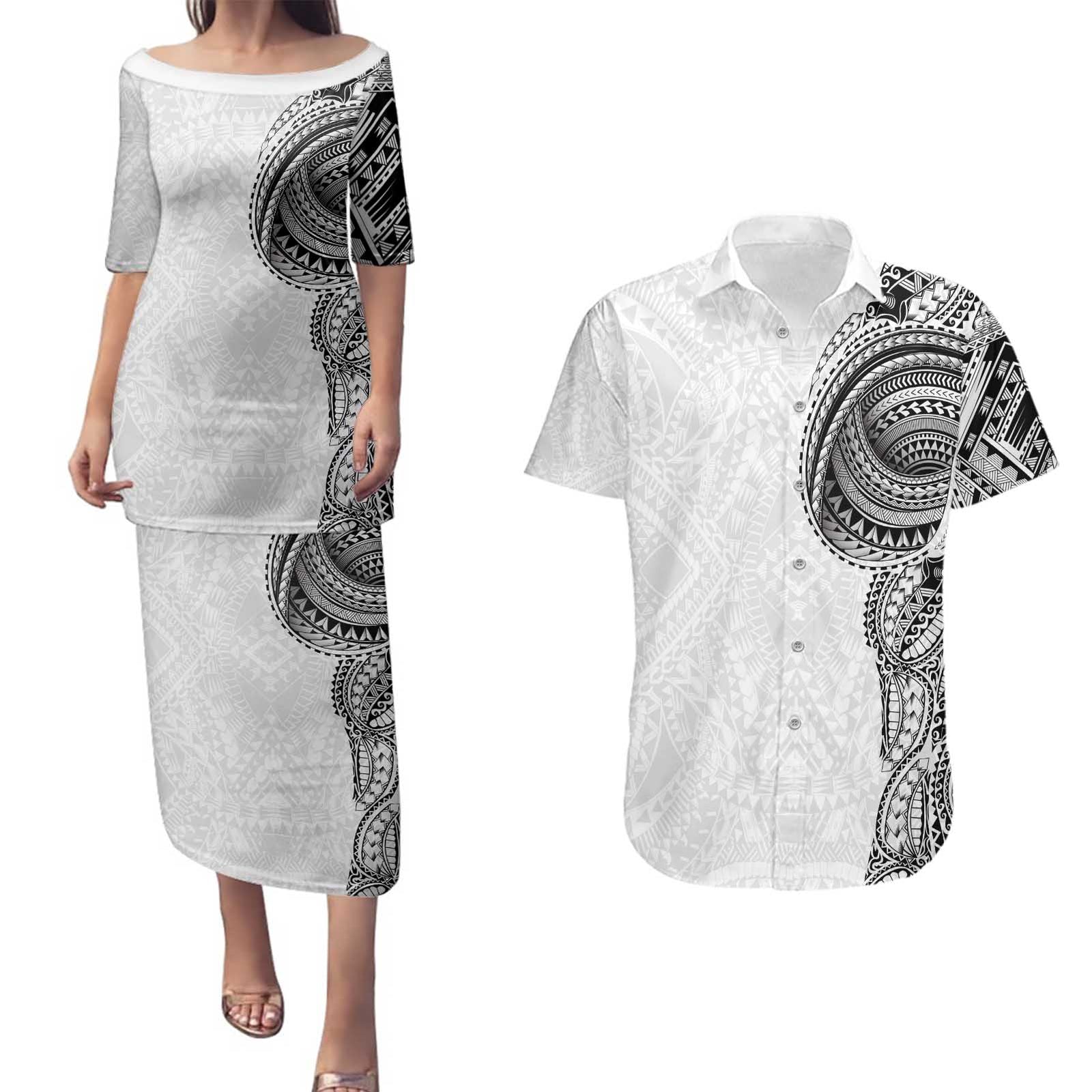 Traditional Polynesian Art Tattoos Couples Matching Puletasi and Hawaiian Shirt White Color - Polynesian Pride