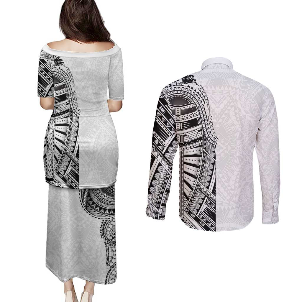 Traditional Polynesian Art Tattoos Couples Matching Puletasi and Long Sleeve Button Shirt White Color - Polynesian Pride