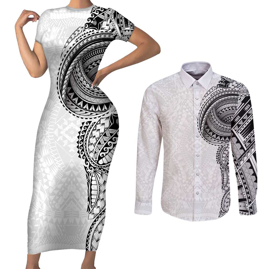 Traditional Polynesian Art Tattoos Couples Matching Short Sleeve Bodycon Dress and Long Sleeve Button Shirt White Color - Polynesian Pride