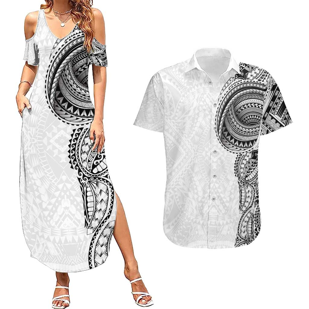 Traditional Polynesian Art Tattoos Couples Matching Summer Maxi Dress and Hawaiian Shirt White Color - Polynesian Pride
