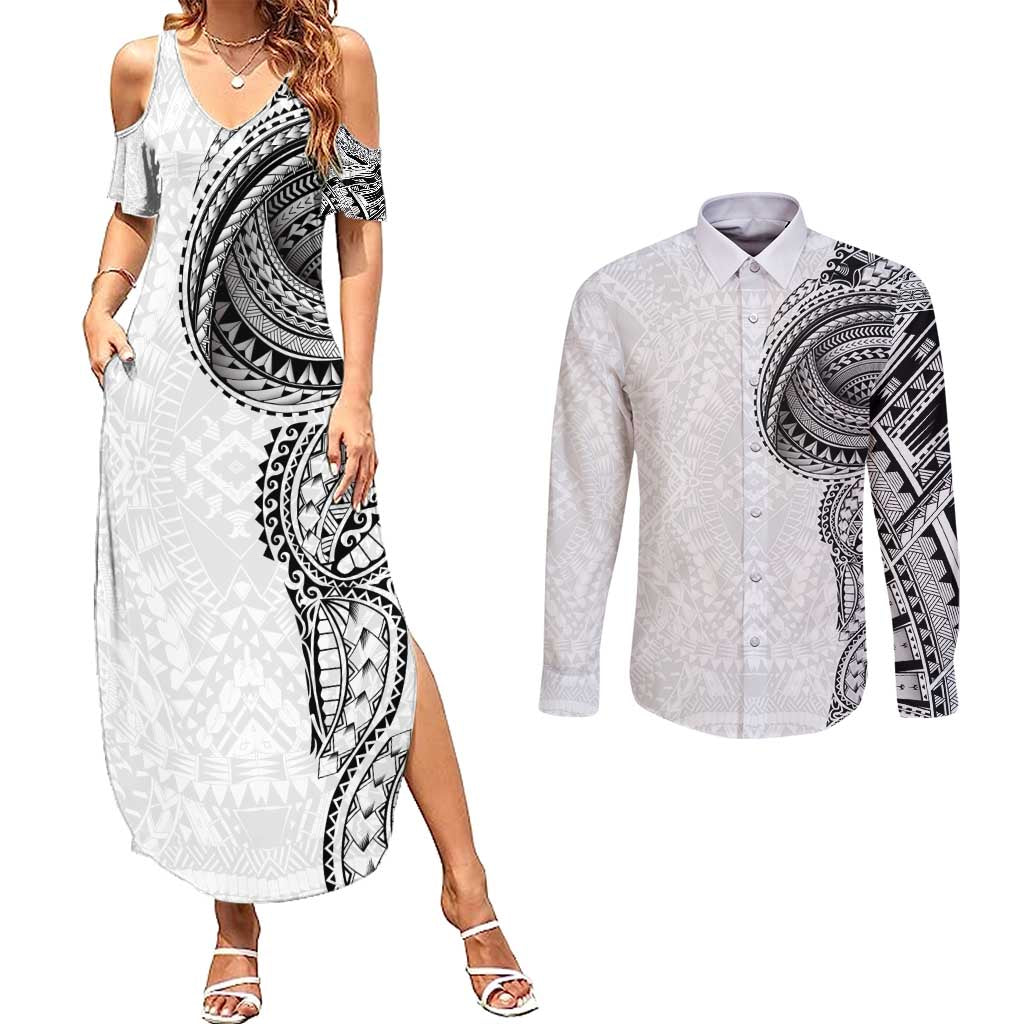 Traditional Polynesian Art Tattoos Couples Matching Summer Maxi Dress and Long Sleeve Button Shirt White Color - Polynesian Pride